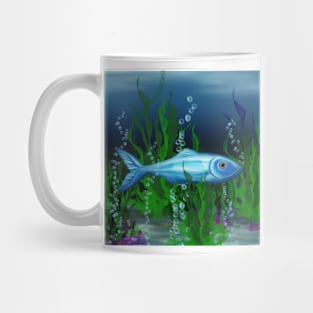 Blue Fish of the Ocean with Bubbles and Seaweed Mug